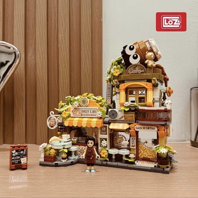 Panda Teahouse Folding Street Scene Little Bear Coffee Little Rake Flower Shop Puzzle Assemblage LEGO Wooden Toys Ornaments Gifts