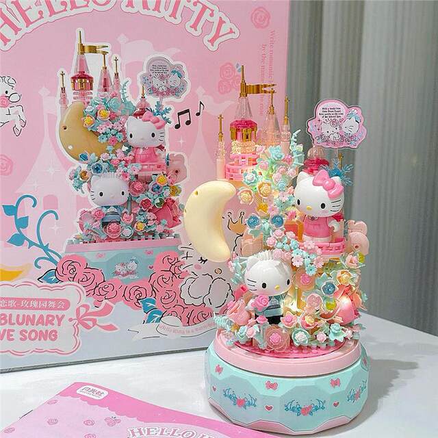 Hello Kitty Gemini Sanrio Music Box Moonlight Club Assembling Fun High Building Blocks Educational Toy Birthday Gift