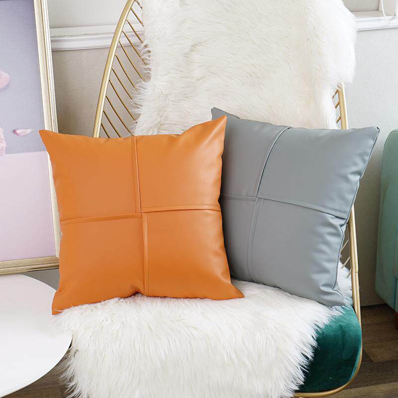 纯色PU皮革抱枕现代简约拼接靠枕套客厅沙发靠垫样板房腰枕靠背垫 - 图0