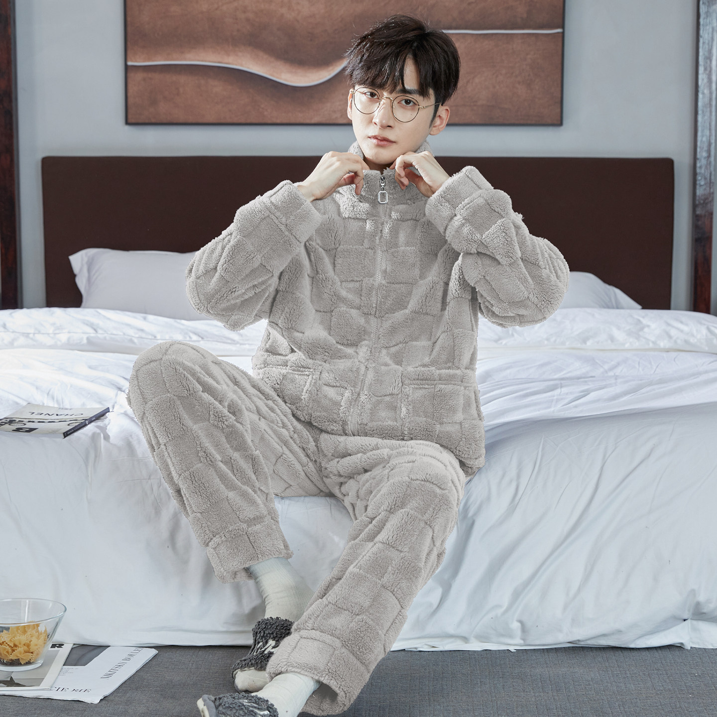 新款秋冬季珊瑚绒长袖长裤男士简约家居服法兰绒加厚保暖套装外穿,淘宝优惠券,粉丝福利购,淘宝优惠卷