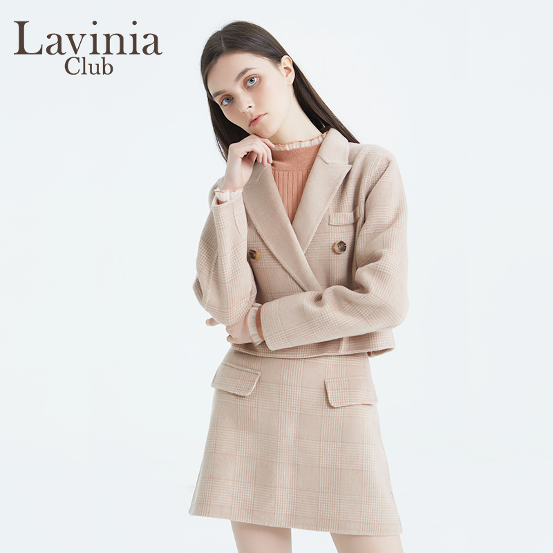 Lavinia Club/拉维妮娅2022冬季新款驼格双面呢短版西装毛呢外套-图3