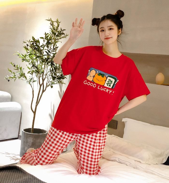 夏季纯棉睡衣女士短袖长裤韩版休闲宽松卡通可爱大红薄款家居服夏,淘宝优惠券,粉丝福利购,淘宝优惠卷