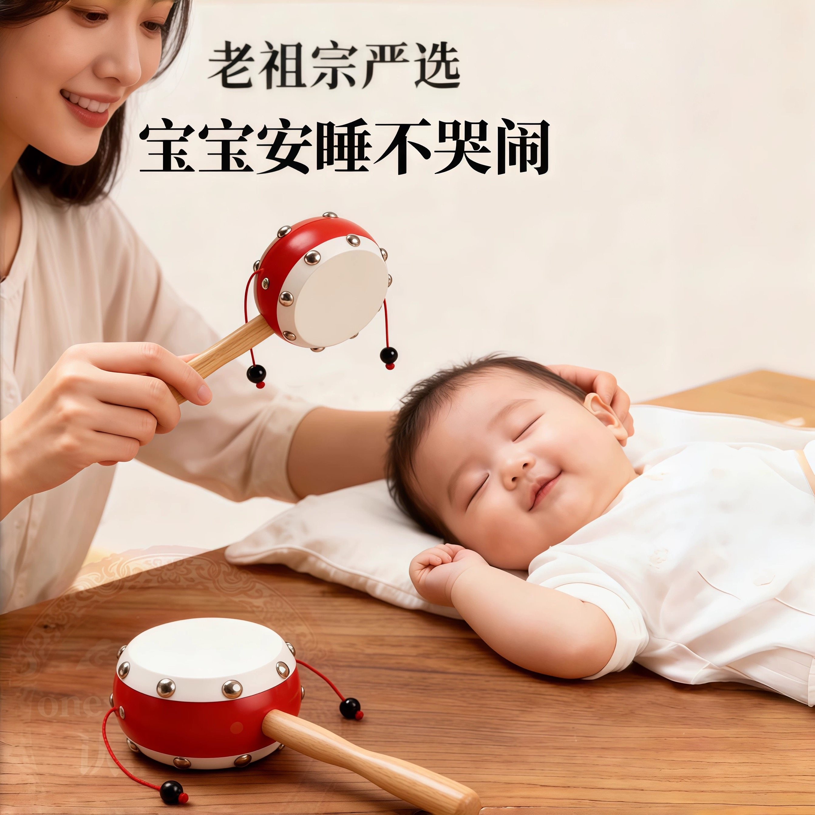 老式手工羊皮拨浪鼓和哗啦棒新生婴儿可啃咬黄铜棒铃桃木非遗传统,淘宝优惠券,粉丝福利购,淘宝优惠卷