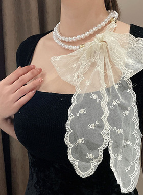 超仙蕾丝项链女百搭蝴蝶结珍珠链