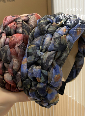 夏季欧根纱碎花编织宽边发箍女款