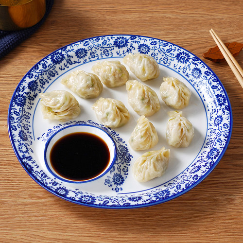 俊骨 青花瓷饺子盘蒸菜盘带格碟蒸鱼盘水饺盘子陶瓷家用酒店餐厅 - 图1