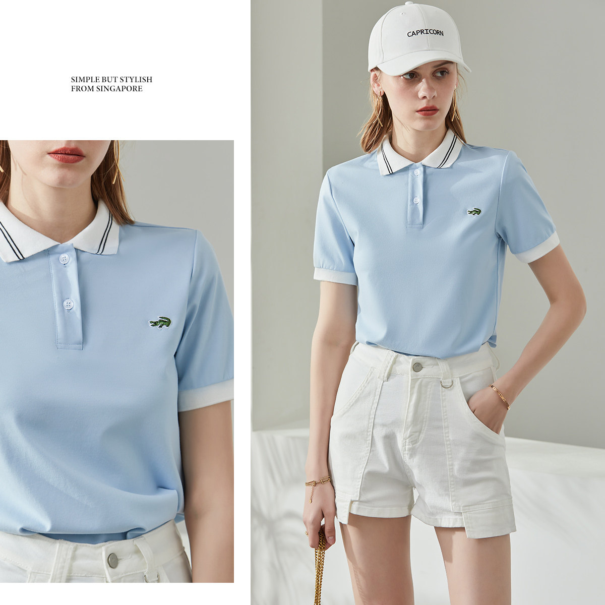 卡帝乐鳄鱼女装蓝色日系运动polo衫 carteloladiesT恤