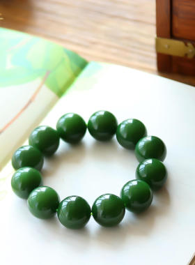 和田玉手串高品质玉石碧玉老坑菠菜绿浑圆大珠串20mm2天鉴赏期