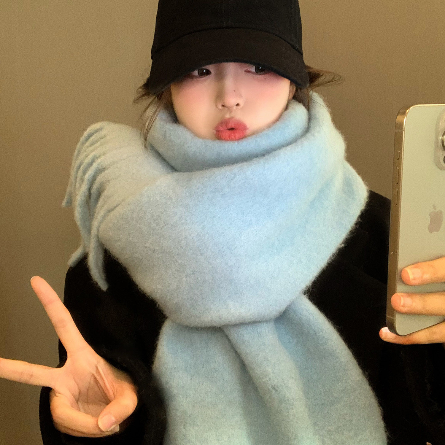 韩系氛围感奶呼呼雾霾蓝围巾女秋冬季学生加厚保暖马海毛围脖披肩,淘宝优惠券,粉丝福利购,淘宝优惠卷