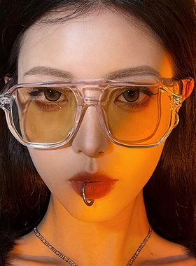 白色透明大框墨镜男街拍网红黄色