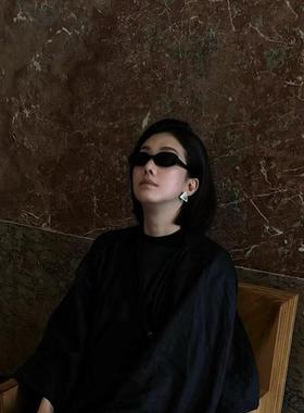 美式复古椭圆黑色小框墨镜女潮