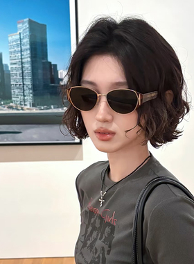 猫眼欧美辣妹复古金属椭圆形墨镜女款防晒级感小框近视太阳眼镜男