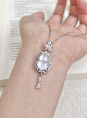 富家千金 新中式天然水沫玉葫芦吊坠纯银肖邦链满镶项链 生日礼物