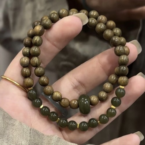 天然阿根廷绿檀木搭配和田碧玉双圈手串女款新中式文玩佛珠手链 - 图1