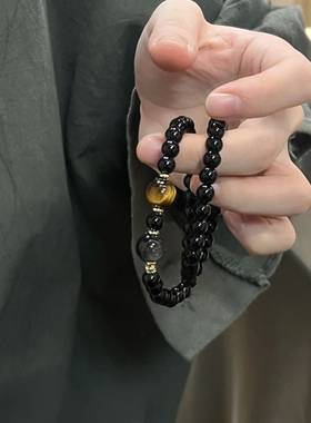 天然黑曜石搭配虎眼石双圈手串男女生时尚水晶文玩手链串珠6mm
