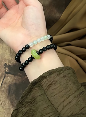 天然黑檀木搭配天山翠手串女生木质文玩双圈跑环佛珠手链原创设计