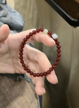 天然红玛瑙手串和田玉银牌水晶手链女款新中式复古风红绿圆珠手饰