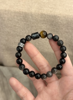 天然双活眼银曜石搭配虎眼黑龙晶水晶单圈手串 男女款转运手链8mm