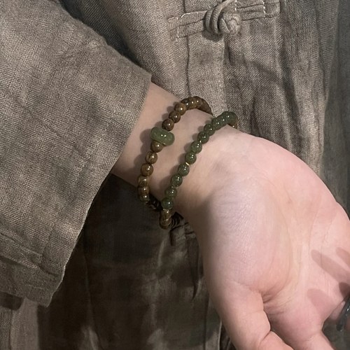天然阿根廷绿檀木搭配和田碧玉双圈手串女款新中式文玩佛珠手链 - 图0