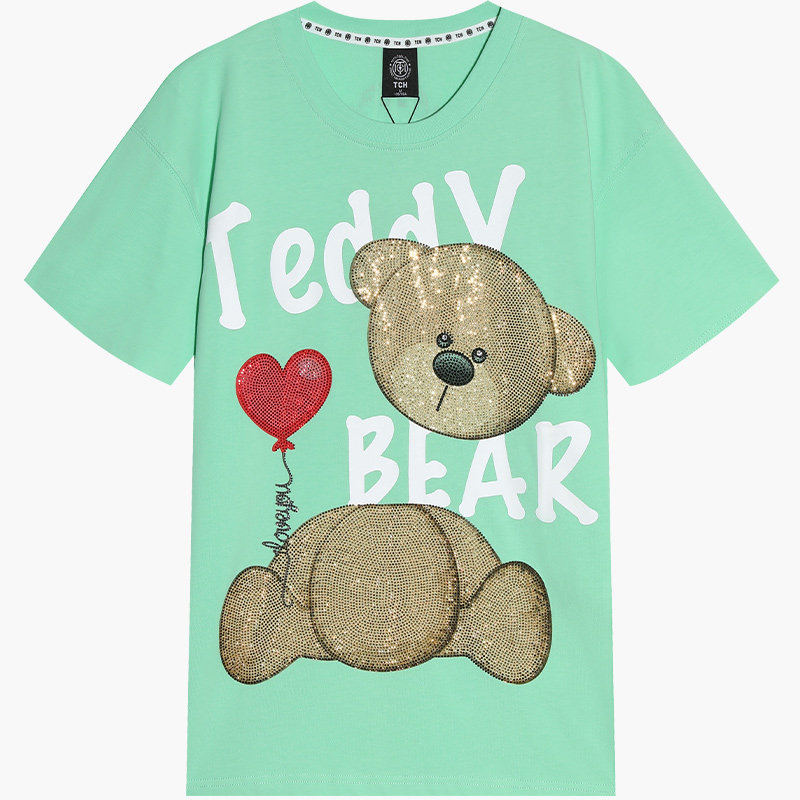 TCH潮牌爱心气球小熊烫钻绿色T恤男女2025春季新款T21110C3100 - 图3