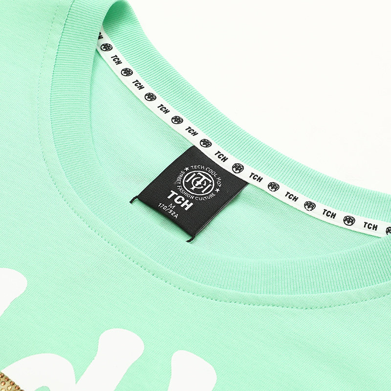 TCH潮牌爱心气球小熊烫钻绿色T恤男女2025春季新款T21110C3100 - 图1