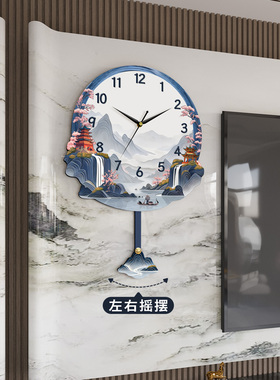 中古风山水画石英钟表万年历挂钟