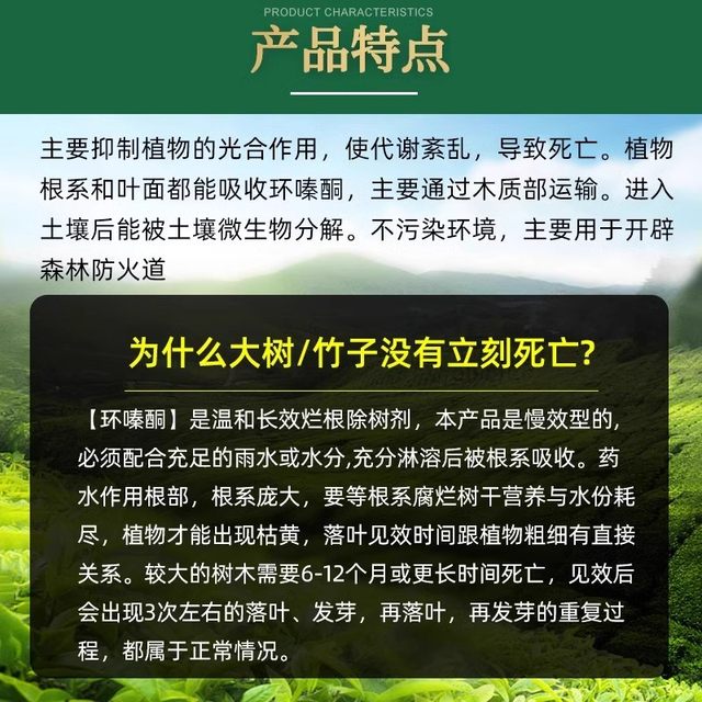 Cyclazine is specially used to remove weeds and rotten roots of large bamboo trees to clear up wasteland.