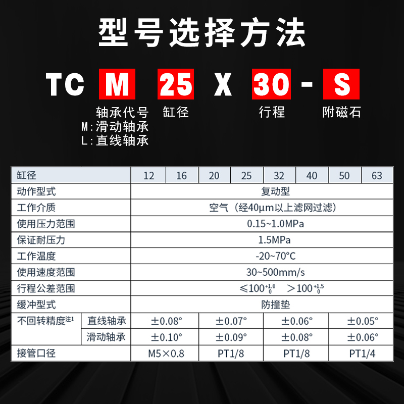 亚德客型气缸带导杆三轴三杆气缸TCM12/16/20/25/32/40/50/63气动 - 图2