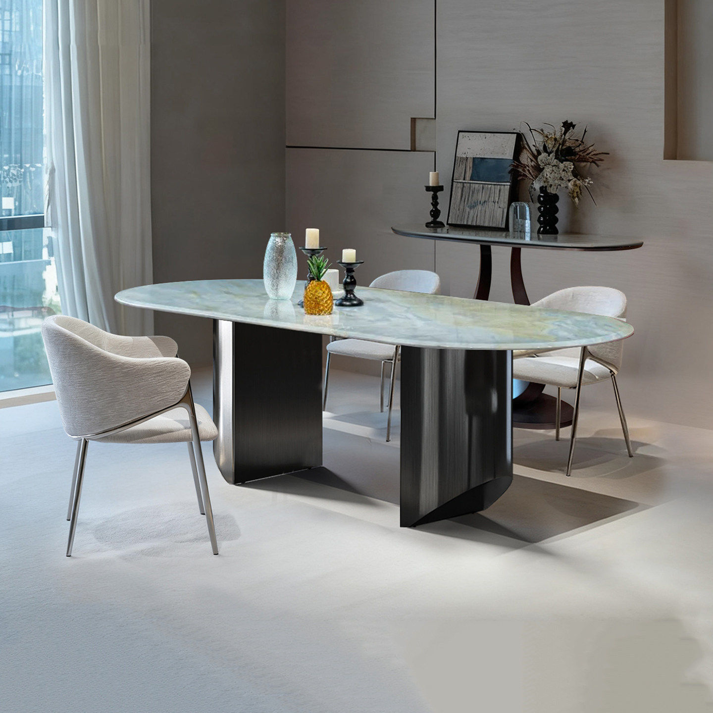 天然马尔代夫蓝奢石餐桌椅组合意式极简风轻奢家用别墅椭圆形餐桌,淘宝优惠券,粉丝福利购,淘宝优惠卷