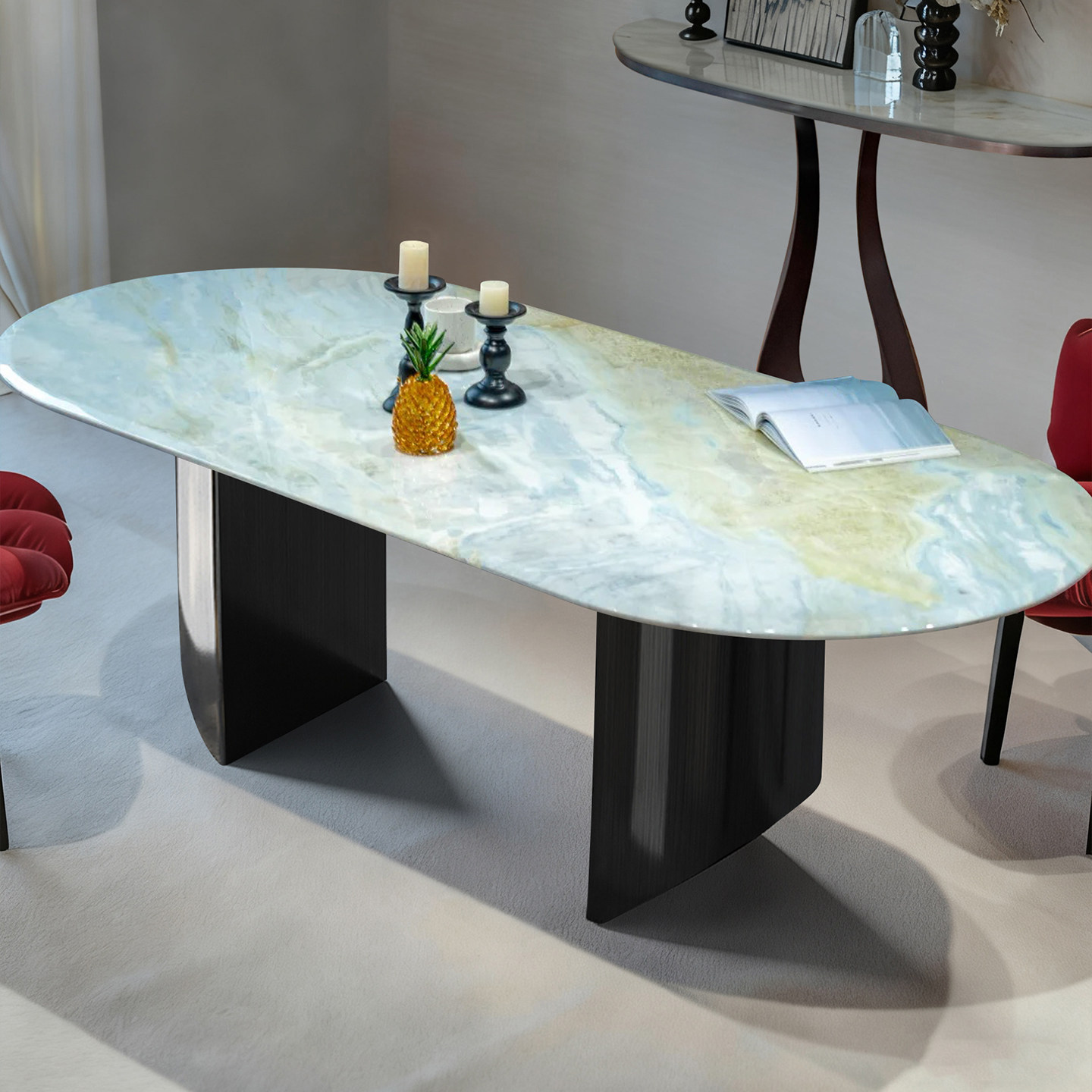 天然马尔代夫蓝奢石餐桌椅组合意式极简风轻奢家用别墅椭圆形餐桌,淘宝优惠券,粉丝福利购,淘宝优惠卷