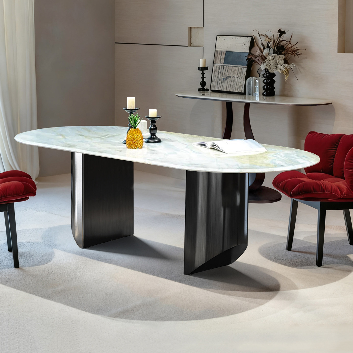 天然马尔代夫蓝奢石餐桌椅组合意式极简风轻奢家用别墅椭圆形餐桌,淘宝优惠券,粉丝福利购,淘宝优惠卷