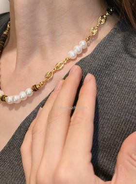 美拉德配色猪鼻子虎眼石拼接淡水珍珠项链高品质淘宝爆款