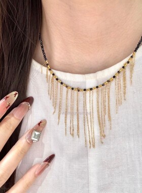 925银欧美风轻奢高级感设计感小众独特蓝松黑尖晶流苏项链晚宴风