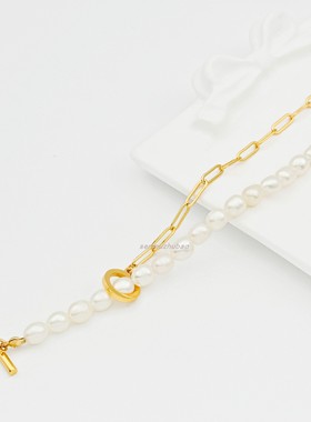 黄铜TO扣天然淡水异形半珍珠半链项链法式复古轻奢设计感锁骨链