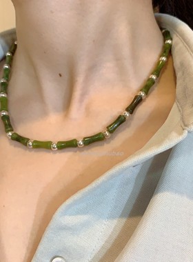 新中式通体925银橄榄玉竹节项链原创设计高级复古轻奢串珠锁骨链
