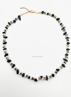 海外waki博主推荐单品天然斑点贝果石黑碧玺手工串珠纯银项链手