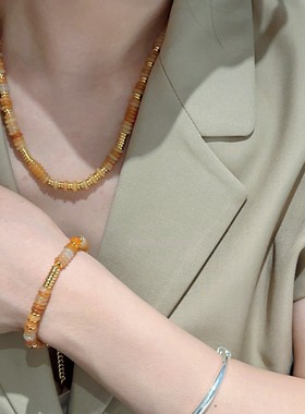 金秋多巴胺纯色飞盘串珠项链女复古轻奢小众锁骨链颈链配饰高级感