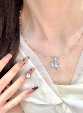 S925纯银拉丝镶钻蝴蝶四叶花蹦迪珠项圈项链高级感轻奢时尚复古