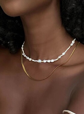 莫妮卡欧美轻奢小众S925银镀金天然珍珠米粒串珠项链手链