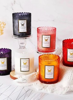 彩色蜡烛杯繁花纹香薰玻璃瓶家用