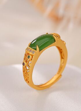 宫廷复古法金碧绿戒指开口可调节