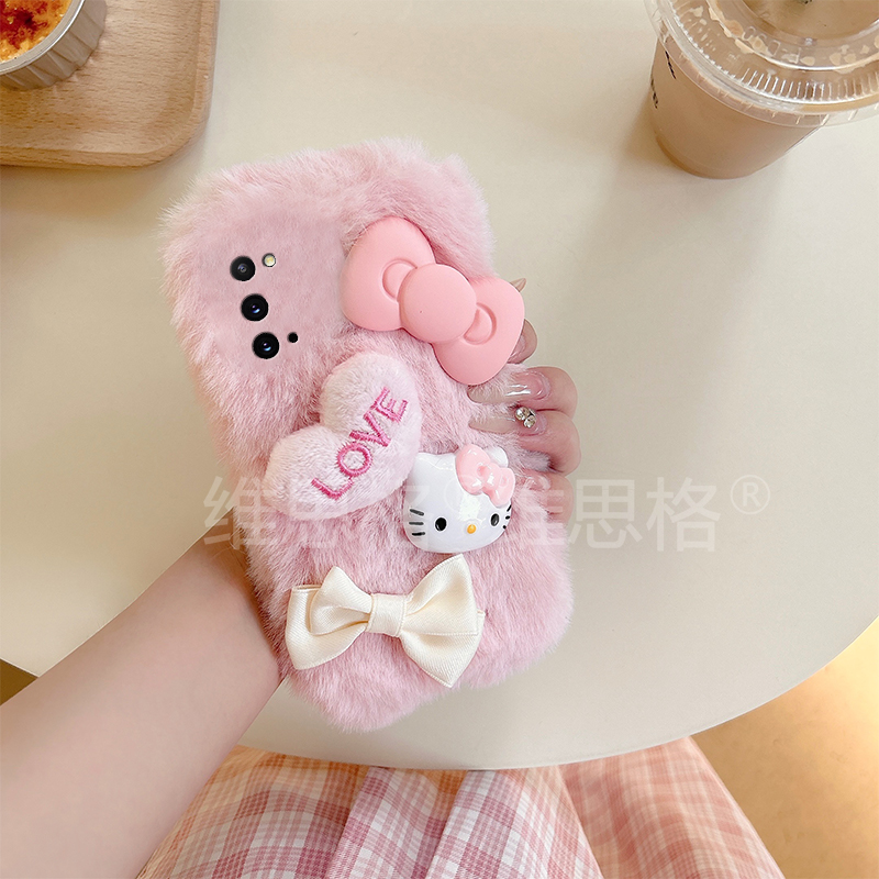 毛绒蝴蝶结kt猫适用三星a53手机壳f52秋冬a8s立体a71爱心a51凯蒂猫a31卡通a90a80a60可爱a50s冬天a70s/a30a20 - 图2