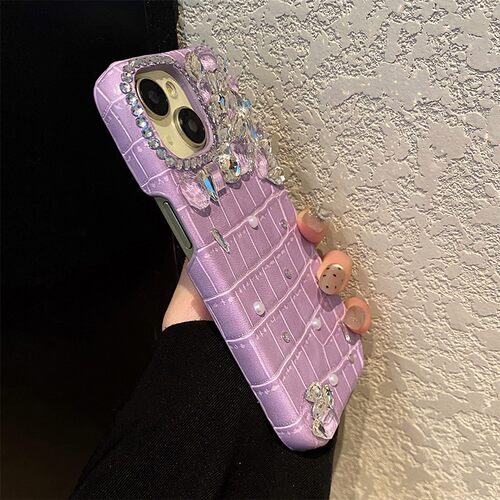 格子珍珠水钻适用小米pocox7手机壳x5pro紫色m8鳄鱼纹m4奢华f8ultra钻石f7/f3立体f6por红米note11t仿皮9t/mi - 图1