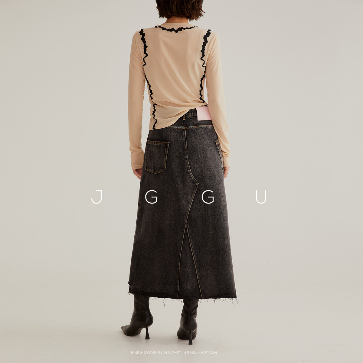 晶咕黑标JGGU女装款单品美式复古简约经典分割线小开叉牛仔半裙,淘宝优惠券,粉丝福利购,淘宝优惠卷