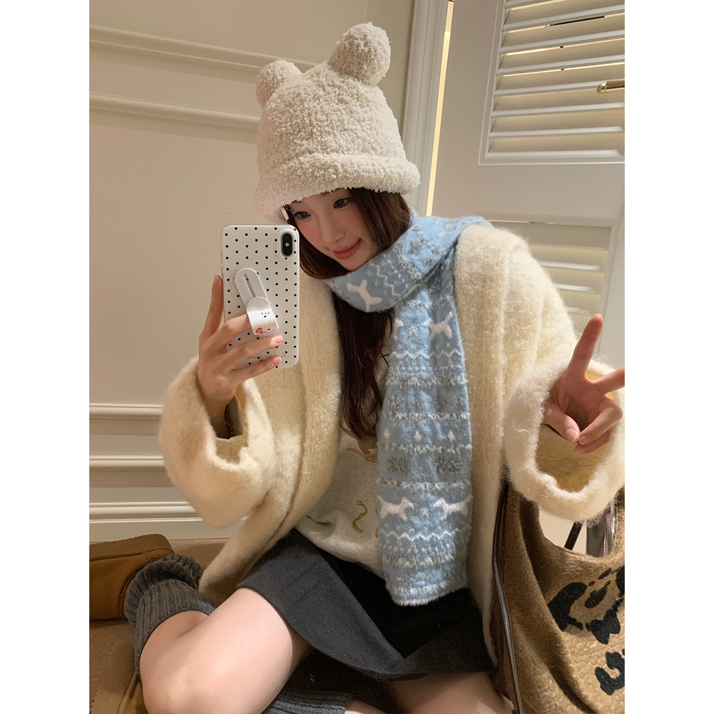 费尔岛风猫咪提花针织软糯围巾女2025新款秋冬氛围感保暖百搭围脖,淘宝优惠券,粉丝福利购,淘宝优惠卷