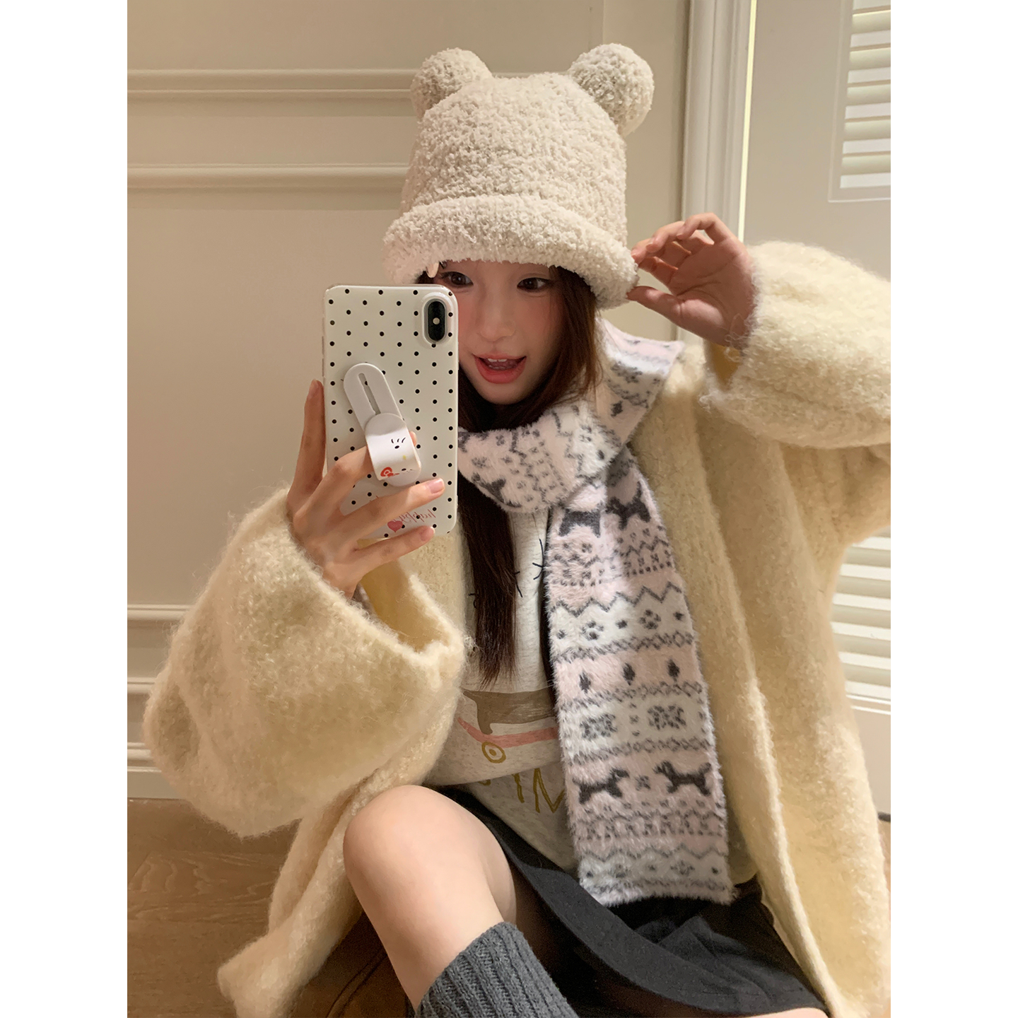 费尔岛风猫咪提花针织软糯围巾女2025新款秋冬氛围感保暖百搭围脖,淘宝优惠券,粉丝福利购,淘宝优惠卷