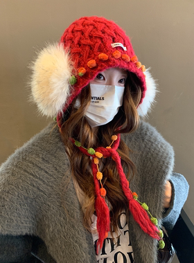 大头围蓝色编织毛球耳机针织帽