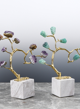 天然黄铜招财树紫水晶石家居摆件