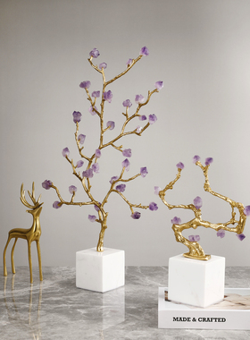 天然水晶石黄铜招财树家居摆件