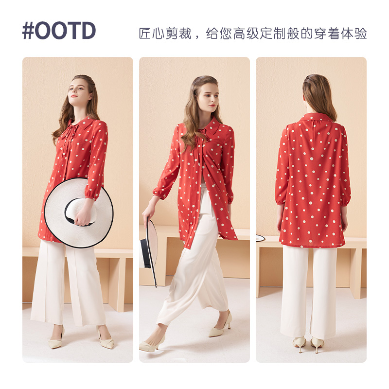 靓诺轻奢高级感24新款夏季红色压褶提花波点衬衫上衣女LS24235A - 图1